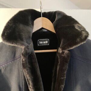 Fen-Nelli Made in Canada Faux Suede & Shearling Long Winter Coat – Blue – Size M